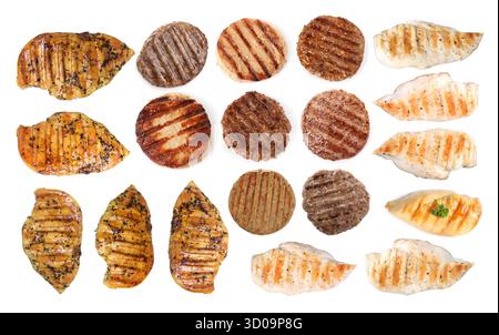 Leckeres gegrilltes Fleisch isoliert auf weiß, Set Stockfoto