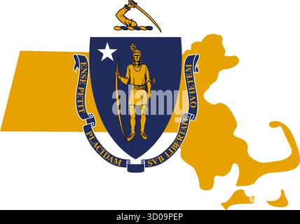 massachusetts MA-Staatsflagge in Kartenform mit Wappen vereinfachtem USA-Vektor isoliert auf transparentem Hintergrund Stock Vektor