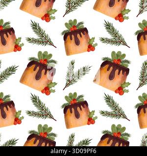 Nahtloses Weihnachtsmuster mit Schokoladenkuchen und Tannenzweigen. Weihnachtskuchen mit Glasur, stechpalme und roten Beeren. Obstkuchen im Winter, Stockfoto