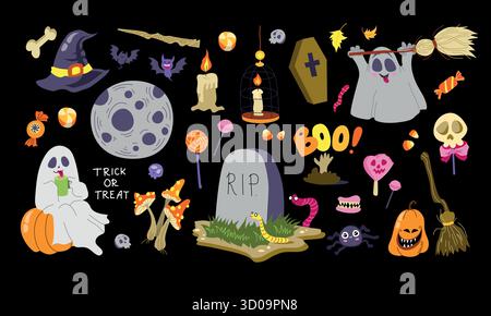 Halloween Aufkleber Set Maskottchen Geister, Kürbisse, Grabstein, Trank, Vollmond, Süßigkeiten, Augen, Fledermaus. Vektorillustration in flacher Art auf einem schwarzen Ba Stock Vektor