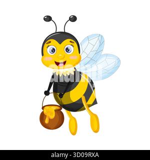 Flying Bee Cartoon hält Honig Eimer Stock Vektor
