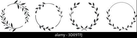 Ein Satz schwarzer Lorbeeren umrahmt Äste. Vintage Lorbeerkranzkollektion. Handgezeichneter Vektor-Lorbeerblätter hinterlässt dekorative Elemente. Blätter, Wirbel, kunstvoll, Stock Vektor