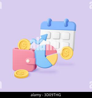 Wallet, Tortendiagramm, Münzen und Kalender symbolisieren die Planung des Kampagnenbudgets, das Finanzmanagement und die Geschäftsstrategie für Marketing- oder Investitionskonzepte Vektorillustration Stock Vektor