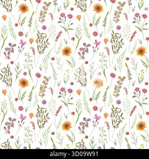 Blühende wilde Blumen und Pflanzen nahtloses Muster auf isoliertem Hintergrund. Handgekeuchte Herbstblume, Beeren, Spikelett, Blätter Illustration Stockfoto