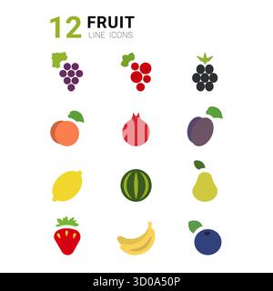 Eine Reihe von zwölf minimalistischen Liniensymbolen, die verschiedene Früchte darstellen, darunter Trauben, Pfirsiche und Erdbeeren. Dieses Design zeigt die Vielfalt der Früchte in einem klaren, modernen Stil. Stock Vektor