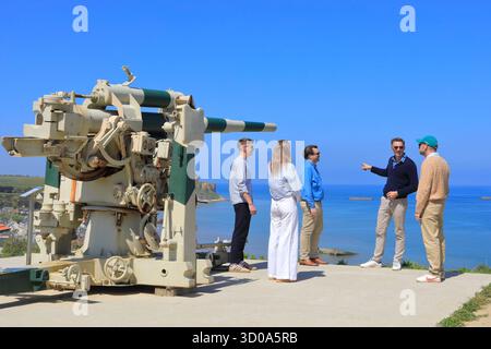 Frankreich, Calvados (14), Arromanches-les-Bains, 88-mm-deutsche Kanone installiert während des Zweiten Weltkriegs, Besuch angeboten von Normandie Insiders Stockfoto