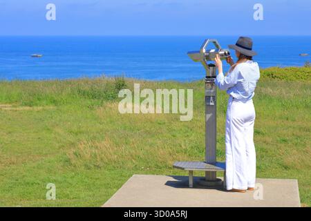 Frankreich, Calvados (14), Arromanches-les-Bains, D-Day Garden gewidmet den britischen Soldaten, die an den Landungen in der Normandie teilnahmen, Touristen mit bezahlten Ferngläsern Stockfoto