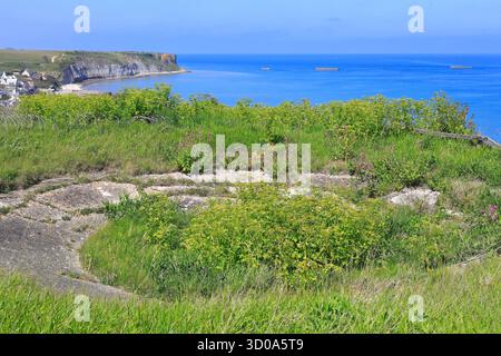 Frankreich, Calvados (14), Arromanches-les-Bains, ehemaliger Standort eines deutschen Maschinengewehrs während des Zweiten Weltkriegs Stockfoto