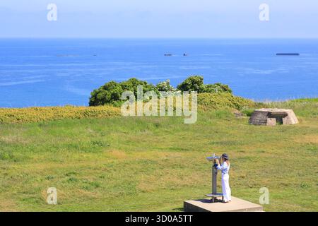 Frankreich, Calvados (14), Arromanches-les-Bains, D-Day Garden gewidmet den britischen Soldaten, die an den Landungen in der Normandie teilnahmen, Touristen mit bezahlten Ferngläsern Stockfoto