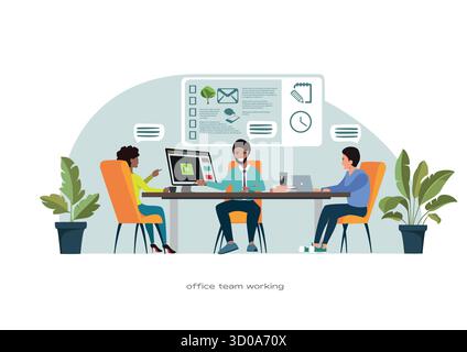 Flache Vektorgrafik für verschiedene Büroteams, die gemeinsam an einem Projekt arbeiten Stock Vektor