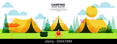 Vektor-Illustration des Campingens mit drei Zelten im Wald, Kiefern und Lagerfeuer. Natur Outdoor Reise horizontales Banner Hintergrund Design Element Stock Vektor
