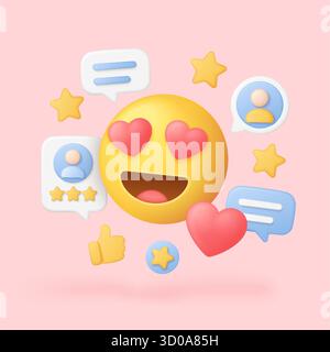 Glückliches Emoji mit Herzaugen, umgeben von Sternen, Daumen nach oben, Chat-Blasen und Benutzersymbolen, die positive Kundenbewertungen und Feedback-Konzept-Vektorillustration darstellen Stock Vektor