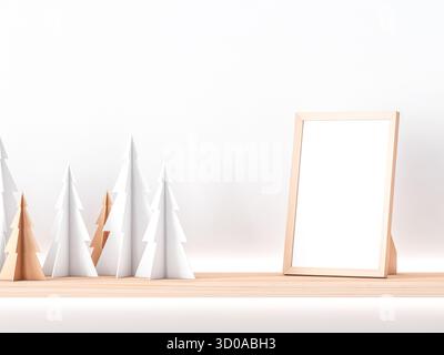Holzfotorahmen im Regal mit weihnachtsbäumen aus Papier. 3D-Rendering Stockfoto