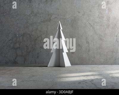 weihnachtsbaum aus weißem Metall in leerem Raum mit Betonwand, 3D-Rendering Stockfoto