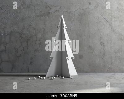 Weißes weihnachtsbaummockup mit Pollen im Zimmer mit Betonwand, 3D-Rendering Stockfoto