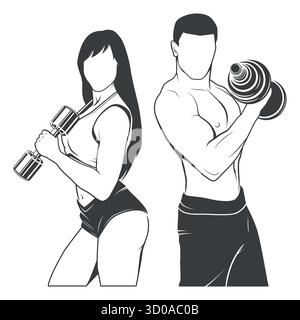 Kurzhantel-Workout-Vektor-Illustration. Fitnesstraining für Mann und Frau, Hantel-Übungshaltung, Hantel-Gym-Logo, Fitness, Bodybuilding, Persönlicher Trainer Stock Vektor