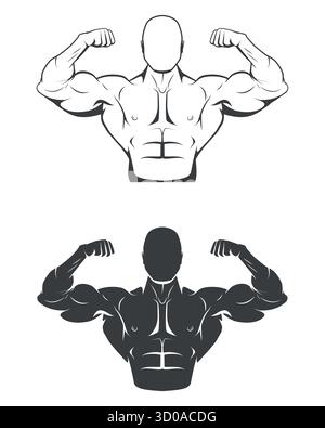 Bodybuilder Fitness Vektor-Illustration. Muskulöse Bodybuilder Flexing Arms, Bodybuilder Emblem in Monochrom. Vector Fitness-Symbol für Fitnessstudio Stock Vektor