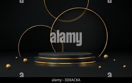 3. Schwarze Podium-Kosmetikbühne mit goldenen Rahmen. Vektor-goldene runde Plattform, leuchtende Ringe und schwimmende Kugeln. Realistischer Luxus-Hintergrund für Präsentation, Kosmetikpräsentation, Produktwerbung Stock Vektor