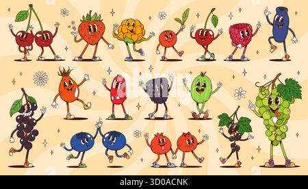 Groovige Hippie-Beeren. Cartoon süße Erdbeere, Kirsche Himbeere und Heidelbeere. Schwarze Johannisbeere, Berberitze, brombeere oder Stachelbeere, grüne Trauben und Hagebutte tanzt und lächelt in einem lustigen Retro-Flair Stock Vektor