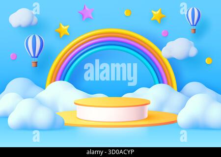 3D-Kinderpodium mit Wolken und Regenbogen, schwimmenden Heißluftballons und funkelnden Sternen. Zeichentrickvektor-Hintergrund im netten kindlichen Spielzeugstil mit runder Bühne oder Sockel unter blauem bewölktem Himmel Stock Vektor