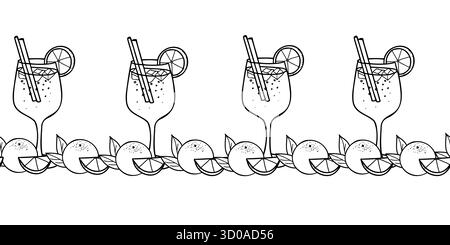 Nahtloses Cocktailmuster. Aperol Spritz und Orangenfrucht. Handgezeichnete Tusche Illustration im Doodle-Stil. Für Restaurantmenüs, Bardekoration. Stock Vektor