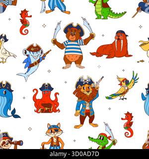 Zeichentricktier Piratenfiguren Vektor nahtlose Muster. Cartoon Löwenkapitän, Braunbär, Papagei, lächelndes Krokodil, Walrus mit Stoßzähnen, Faultier, Wal, schleichende Katze, Hai mit Feuerstein-Crew-Mitgliedern Stock Vektor