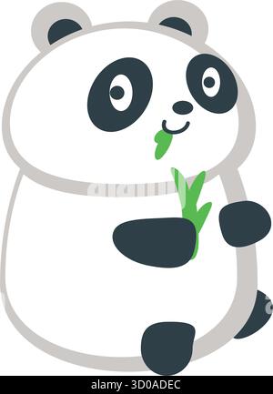 Panda isst Bambusvektor. Niedlicher Bär, der auf grünen Blättern sitzt. Kawaii glückliches wildes Tier isoliert auf weißem Hintergrund Stock Vektor