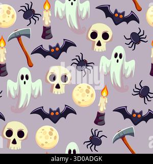 Nahtloses Halloween-Muster mit niedlichen gruseligen Elementen Stock Vektor