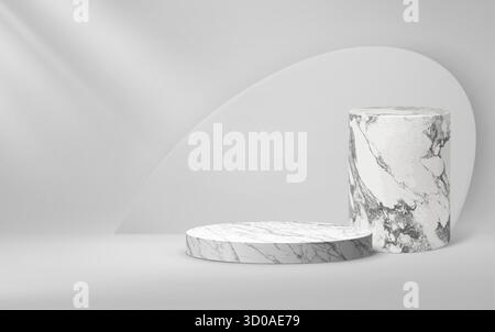 Podiumpodest aus grauem 3D-Marmor für Mode- und Kosmetikpräsentationen. Vektorrealistische runde Steinplattform im Luxusmodell mit Spotlight. Graues und weißes Display mit hoher und niedriger Ausstellungsebene Stock Vektor