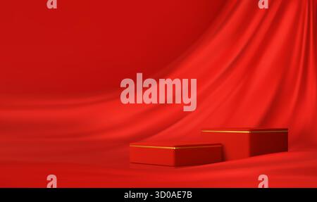 Rote 3D-Podiumbühne mit Vorhängen und Würfelsockeln mit goldenem Rahmen, Vektorproduktanzeige. Luxuriöses Premium-Podium in Rot mit Samttisch und Vorhängen als Vorzeigehintergrund Stock Vektor