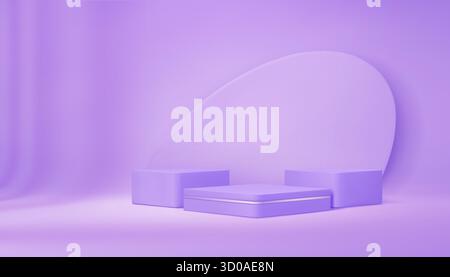 Violette Podiumbühne mit Podest für Produktpräsentationen oder Showcase, Vektorhintergrund. Premium Luxus-Podium in violettem oder lilafarbenem Lila mit quadratischen Plattformen mit abgerundeten Kanten und kreisförmigem Wandpaneel Stock Vektor