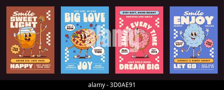 Lustiges Dessert und süße groovige Charaktere Poster mit Süßwaren, Vektor-Set. Cartoon-groovige Donut-Figur mit funky Gesicht und Zuckerwatte mit leckerer Zunge, Honigglas und Apfelkuchen auf Plakaten Stock Vektor