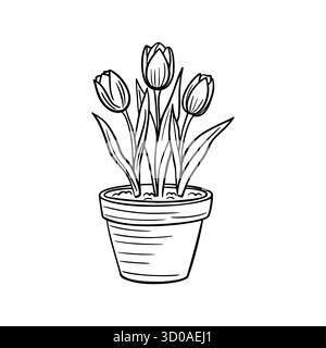 Eine einfache Linienzeichnung einer Topfpflanze mit drei Tulpen. Der Topf ist rund und hat eine strukturierte Oberfläche. Die Tulpen haben längliche Blätter und sind in Stock Vektor