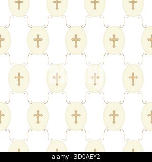Nahtloses Muster mit christlichen Kreuzmotiven in ovalen Vignetten mit dekorativen Wirbeln. Elegantes religiöses Wiederholungsmuster für kirchliche Entwürfe, Taufe Stockfoto