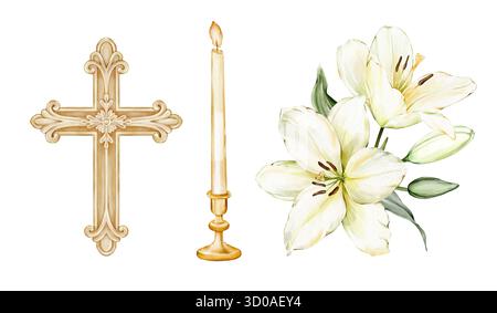 Christliches Kreuz, Kirchenkerze in Kerzenleuchter und weiße Lilien. Aquarell isoliert religiöse Clipart Set. Handgezeichnete Abbildung. Toll für Stockfoto