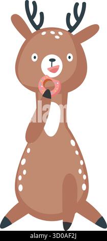 Niedlicher Hirsch, der Donut-Vektor-Zeichentricksymbol isst Stock Vektor