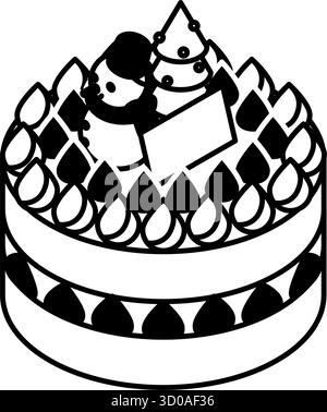 Weihnachtskuchen Isometrische Linienzeichnung Icon Illustration eines festlichen Feiertags Desserts mit Erdbeeren, schwarz und weiß, Vektor Illustration Stock Vektor