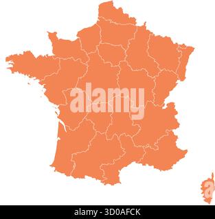 Editierbare Vektorsilhouette Frankreichs, einschließlich der Insel Korsika, die in Verwaltungsbezirke auf dem Festland aufgeteilt ist. Stock Vektor