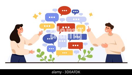Zwei Personen tauschen Ideen mit mehreren bunten Chat-Blasen aus, die Online-Kommunikation, Teamarbeit und digitale Konversation darstellen, isoliert auf weißem Hintergrund Vektorillustration Stock Vektor