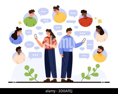 Junge Erwachsene, die Smartphones nutzen, um Nachrichten zu verbinden und auszutauschen, umgeben von diversen Avataren und Chat-Blasen, die digitale soziale Interaktion und die Illustration von Online-Kommunikationsvektoren darstellen Stock Vektor