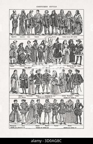 Schwarz-weiß-Illustration aus einem alten französischen Wörterbuch, das die Entwicklung der Mode vom alten Ägypten bis zur Herrschaft Heinrichs IV. Von Frankreich darstellt Stockfoto
