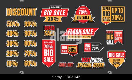 Lebendige Sammlung von Marketing- und Werbeelementen mit verschiedenen Rabatten, Big Sale, Flash Sale und Werbebotschaften zu Sonderangeboten Stock Vektor
