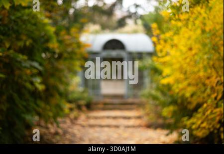 Verschwommenes Hintergrundbild mit einem Herbstpfad, der zu einem Metallpavillon führt. Stockfoto