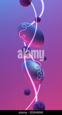 Futuristischer abstrakter Hintergrund mit rosafarbenem Neonlicht, das sich durch glänzende flüssige Kugeln auf einer violetten Verlaufsoberfläche dreht, die erfasst wurde, um modernes d auszudrücken Stock Vektor