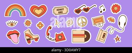 Ästhetischer Y2K-Sticker im Retro-Look mit funky nostalgischen Symbolen und verspielten Pop-Kultur-Designs. Trendige dekorative Kollektion für Scrapbooking und Laptops Stock Vektor