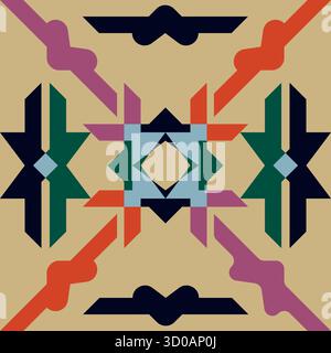 Dieses nahtlose Vektor-Muster zeigt auffällige geometrische Pfeile, Knoten und sternähnliche Diamanten in leuchtendem Rot, Lila, Grün, Cyan, Schwarz, und Orange auf einem Stock Vektor