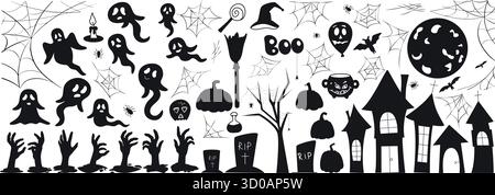 Große Silhouetten mit Halloween-Elementen. Schwarze Symbole von Spinnennetz, Grab, Kürbis, Fledermaus, Geist, Untote, Schädel, Besen, Hut, Spinne. Schatten von Symbolen Stock Vektor