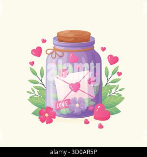 Liebesbuchstabe im kleinen Glas Vektor-Illustration isoliert auf weißem Hintergrund. Stock Vektor