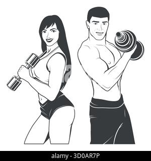 Kurzhantel-Workout-Vektor-Illustration. Fitnesstraining für Mann und Frau, Hantel-Übungshaltung, Hantel-Gym-Logo, Fitness, Bodybuilding, Persönlicher Trainer Stock Vektor