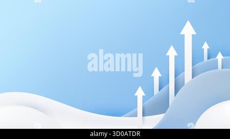Weiße Pfeile, die auf Wellen nach oben zeigen, mehrschichtiger blauer Hintergrund, symbolisiert Geschäftswachstum, Führungsstärke, Teamarbeit und Innovation, die prog zeigen Stock Vektor
